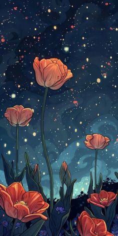 some red flowers and stars in the sky