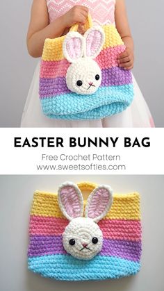 a crocheted bunny bag is shown with the text, easter bunny bag free crochet pattern