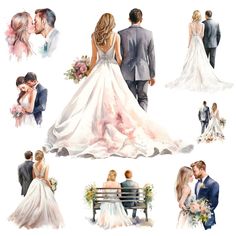 a watercolor painting of a bride and groom sitting on a bench with their backs to each other