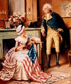 an image of a man and woman sitting in front of a fire place with the american flag draped over them