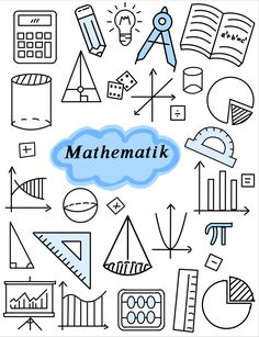 the word math written in blue surrounded by doodles and pencils on a white background