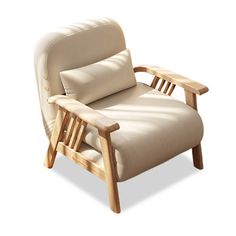 a wooden chair with a pillow on it's back and armrests, sitting against a white background