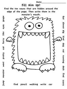 a monster worksheet with the words fill him up in it's mouth