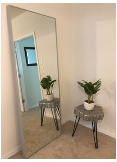 a mirror sitting next to a plant on top of a table