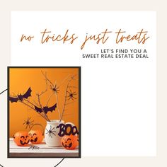 an advertisement for halloween treats with pumpkins and bats in a white vase on a table