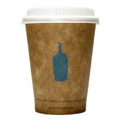 a paper cup with a blue bottle on it