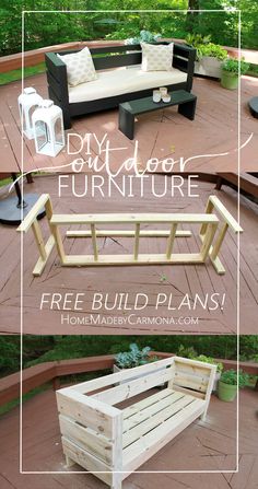 an outdoor furniture made out of pallets and wood with text overlay that reads diy patio furniture free build plans