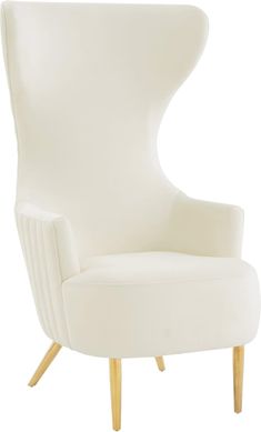 an upholstered white chair with wooden legs and a curved back, viewed from the front