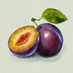 a painting of two plums with one cut in half