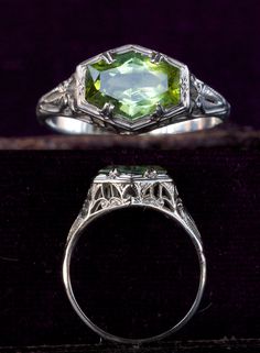 1920-30s Art Deco Hexagonal Tourmaline Ring, 14K White Gold Filigree Multi Gemstone Ring, One Earring, Tourmaline Jewelry, Gift For Your Girlfriend, Peridot Ring, Tourmaline Ring, Earrings Green, Gold Filigree, Favor Bag