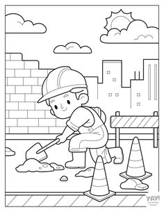 Construction worker coloring page working at the construction site. Construction Site Coloring Page, Construction Worker Coloring Pages, Construction Crafts Preschool Art Projects, Construction Drawing, Construction Theme Party, Boy Coloring