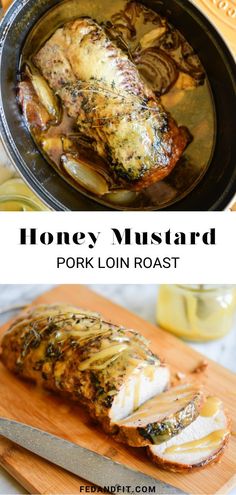 honey mustard pork loin roast in a cast iron skillet