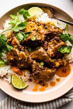 a plate with rice, meat and cilantro garnished with limes