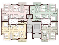 the floor plan for an apartment building with multiple rooms and two levels, all in different colors