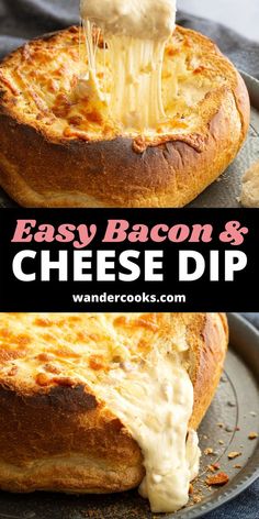 a cheesy bacon and cheese dip in a bread bowl on a plate with text overlay