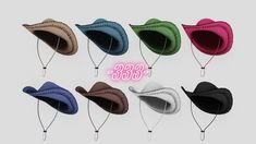 six different hats with the number 533 on each side and one has a string attached to it