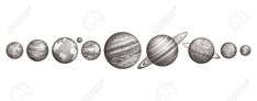 the solar system with eight planets drawn in black and white ink on a white background