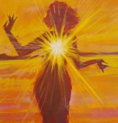 a painting of a person standing in the sun with his arms outstretched and hands out