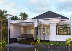 this is a rendering of a house in the tropical style with white walls and black trim