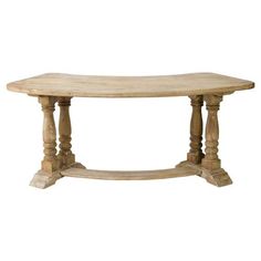 an oval wooden table with columns on the top and bottom, against a white background