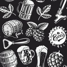 a bunch of beer related items on a black background, including mugs and barrels