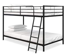 a black bunk bed with white sheets and pillows on top of it, against a white background