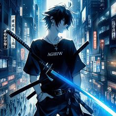 an anime character holding two swords in his hands and looking down at the city street