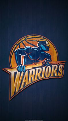 the warriors logo is shown on a wooden wall with blue and orange colors, as well as an orange basketball