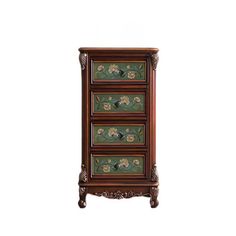 an ornate wooden cabinet with three drawers and flowers painted on the front, along with carved wood legs