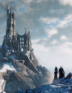 two people sitting on top of a snow covered mountain next to a tall tower with a moon