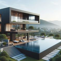 an artist's rendering of a modern house with pool and lounge chairs in the foreground