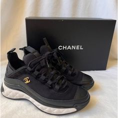 Comes With Box, 2 Dust Bags, Ribbon, Papers And Unused Extra Black Shoelaces. Description: This Is An Authentic Pair Of Chanel Velvet Calfskin Mixed Fibers Cc Sneakers, Size 37 In Black. These Stylish Sneakers Are Crafted Of Black Fabric, Suede, And Calfskin Leather With A Gold Chanel Cc On Each Side. In My Opinion These Are True To Size. Condition: Giftable Please Send Me A Reasonable Offer. Luxury Black Lace-up Sneakers, Luxury Sneakers With Laces, Black Sneakers For Streetwear, Stylish Black Sneakers For Streetwear, Luxury Black Sneakers With Embroidered Logo, Black Chanel Sneakers, Cleangirl Outfit, Black Sports Shoes, Shoes Chanel