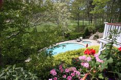 an outdoor swimming pool surrounded by flowers and trees