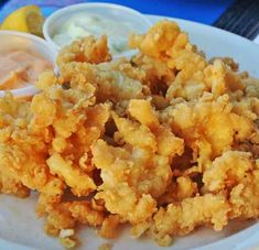 fried food on a white plate with dipping sauce