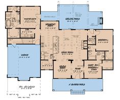 the first floor plan for a house with two master suites and an attached garage area