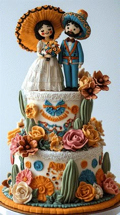 a wedding cake decorated with colorful flowers and figurines on the top tiers