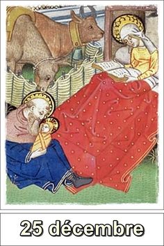 an image of the birth of jesus in french with pictures of animals and people around it