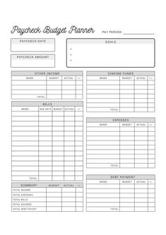 a printable pay sheet with the words pay perce, budget planner and other items