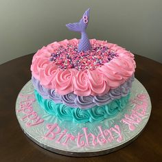 a birthday cake decorated with pink, blue and purple frosting