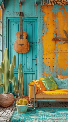 a living room filled with lots of furniture and cactus plants in front of a blue door