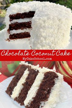 chocolate coconut cake with white frosting on a red and gold tablecloth, cut in half