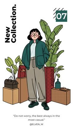 a woman standing in front of boxes with plants on it and the words new collection written below