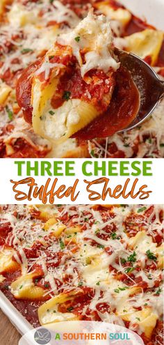 three cheese stuffed shells in a casserole dish with a spatula scooping out