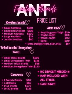 Hair Braider Price List Template, Pricing For Braids, Hair Braider Name Ideas, Braid Prices List, Hair Business Price List Ideas, Braided Hairstyles Price List, Hair Braider Booking Policy, Knotless Price List, Hair Braiding Business Names