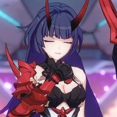 an anime character with horns on her head and red gloves around her waist, holding a knife in one hand