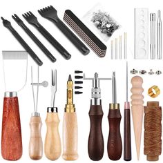 a variety of tools are displayed on a white background, including woodworking utensils