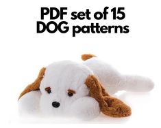 a white stuffed dog laying on its side with the text pdf set of 15 dog patterns