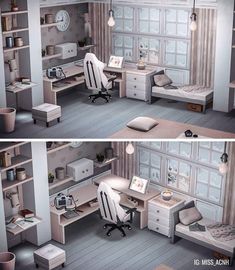 two pictures of the same room in different rooms, one has a desk and chair