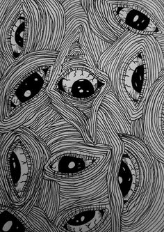 an artistic black and white drawing with eyes