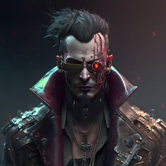 a man with blood on his face and red eyes in a leather jacket looking at the camera